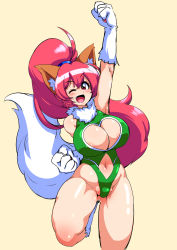 Rule 34 | 1girl, absurdres, animal ears, bare legs, bare shoulders, breasts, cat ears, cat girl, cleavage, cleavage cutout, clothing cutout, curvy, female focus, happy, highleg, highleg leotard, highres, jumping, large breasts, leotard, long hair, looking at viewer, one eye closed, partially visible vulva, paw print, perisie (star ocean), pink hair, ponytail, red eyes, ryoi, shiny skin, simple background, smile, solo, star ocean, star ocean first departure, thick thighs, thighs, thong leotard, upper body, very long hair, wink