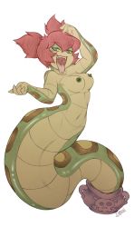 Rule 34 | 1girl, blue eyes, breasts, colored nipples, colored sclera, colored skin, fangs, female focus, forked tongue, green nipples, green skin, gunmouth, jar, lamia, monster girl, nipples, open mouth, red hair, shantae (series), short twintails, solo, tongue, tongue out, tuki (shantae), twintails, uvula, yellow sclera