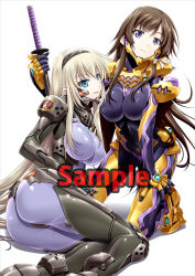 Rule 34 | 2girls, ass, blonde hair, blue eyes, bodysuit, breasts, brown hair, cleavage, closed mouth, covered erect nipples, covered navel, hair ribbon, hairband, irisdina bernhard, kneeling, large breasts, long hair, looking at viewer, lying, multiple girls, muv-luv, muv-luv alternative, muv-luv total eclipse, official art, on side, parted lips, pilot suit, purple eyes, ribbon, sample watermark, schwarzesmarken, sheath, shiny clothes, skin tight, smile, soyosoyo, sword, takamura yui, very long hair, watermark, weapon, white background