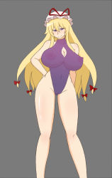 Rule 34 | 1girl, blonde hair, breasts, curvy, female focus, groin, habaneroid, hair ornament, hair ribbon, hat, highres, hip focus, huge breasts, legs, long hair, navel, nipples, one-piece swimsuit, perky breasts, purple eyes, pussy, ribbon, see-through, simple background, smile, solo, standing, swimsuit, thighs, touhou, uncensored, wide hips, yakumo yukari