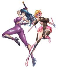 Rule 34 | 2girls, ass, blonde hair, blue hair, boots, breasts, covered navel, full body, highleg, highleg leotard, holding, holding sword, holding weapon, igawa asagi, igawa sakura, jumping, kagami hirotaka, large breasts, leotard, lilith-soft, looking at viewer, looking to the side, mask, miniskirt, multiple girls, open mouth, shiny clothes, shiny skin, siblings, sisters, skin tight, skirt, smile, sword, taimanin (series), taimanin asagi, taimanin asagi zero, taimanin rpgx, taimanin suit, thigh boots, thong leotard, weapon, wide hips