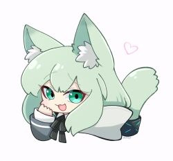 Rule 34 | 1girl, animal ears, arknights, cat ears, cat tail, chibi, green eyes, green hair, grey background, harmonie (arknights), highres, infection monitor (arknights), looking at viewer, medium hair, mooootmt, simple background, smile, solo, tail