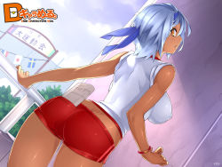 Rule 34 | 1girl, 23 (real xxiii), ass, blue hair, breasts, butt crack, covered erect nipples, dark-skinned female, dark skin, dimples of venus, dmm, dutch angle, fang, flag, flags of all nations, gym shorts, gym uniform, headband, highres, japanese flag, large breasts, looking back, no bra, original, short hair, short shorts, shorts, sleeves rolled up, solo, string of flags, wallpaper, yellow eyes