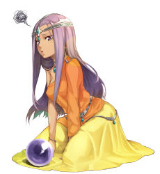 Rule 34 | 1girl, bad id, bad pixiv id, bracelet, crystal ball, dark skin, dragon quest, dragon quest iv, dress, jewelry, leaning forward, lots of jewelry, minea (dq4), necklace, off shoulder, open mouth, purple eyes, purple hair, rosary (pixiv), rozario (akai rosario), shirt, sitting, squiggle, wariza