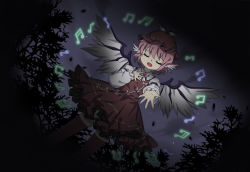 Rule 34 | 1girl, animal ears, beamed eighth notes, beamed sixteenth notes, bird ears, bird wings, brown dress, brown hat, brown thighhighs, closed eyes, dress, eighth note, frilled dress, frills, hat, long sleeves, music, musical note, mystia lorelei, open mouth, pink hair, short hair, singing, solo, thighhighs, touhou, touhou lost branch of legend, vikramjoti, white wings, winged hat, wings