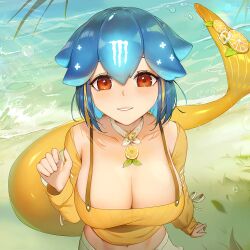 Rule 34 | 1girl, bao (vtuber), bao (vtuber) (5th costume), beach, blue hair, breasts, choker, cleavage, food, fruit, grass, hand up, ice, ice cube, indie virtual youtuber, large breasts, leaf, lemon, lemon slice, looking at viewer, midriff, monster energy, navel, parted lips, red eyes, shirt, smile, solo, thernz, upper body, virtual youtuber, water, white choker, yellow shirt