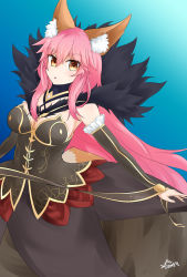 Rule 34 | 1girl, absurdly long hair, absurdres, animal ears, bare shoulders, black dress, blue background, breasts, bridal gauntlets, cleavage, commentary request, cosplay, detached sleeves, dress, fate/apocrypha, fate/grand order, fate (series), fox ears, fox tail, fur trim, highres, large breasts, long dress, long hair, looking at viewer, open mouth, pink hair, rexeig, semiramis (fate), semiramis (fate) (cosplay), simple background, solo, tail, tamamo (fate), tamamo no mae (fate/extra), very long hair, yellow eyes