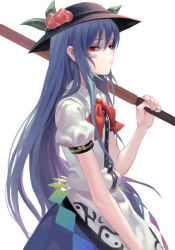 Rule 34 | 1girl, bandage on face, bandages, black hat, blue hair, blue skirt, closed mouth, cowboy shot, dress shirt, fkey, flat chest, food, from side, frown, fruit, hat, highres, hinanawi tenshi, holding, holding sword, holding weapon, leaf, long hair, looking at viewer, looking to the side, neck ribbon, over shoulder, peach, puffy short sleeves, puffy sleeves, rainbow order, red eyes, red ribbon, ribbon, shirt, short sleeves, sidelocks, skirt, solo, sword, sword of hisou, touhou, weapon, weapon over shoulder, white background, white shirt