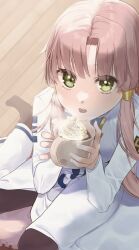 Rule 34 | 1girl, aogirism, aria (manga), aria company uniform, black pantyhose, blue bow, blue bowtie, bow, bowtie, cup, dress, gold trim, green eyes, hair tubes, hands up, highres, holding, holding cup, hot chocolate, indoors, long sleeves, looking at viewer, mizunashi akari, mug, no shoes, on ground, open mouth, pantyhose, parted bangs, pillow, pink hair, short hair with long locks, sitting, solo, steam, teeth, upper teeth only, wariza, whipped cream, white dress, wooden floor