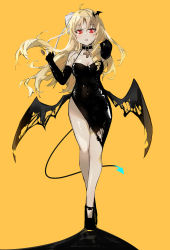 Rule 34 | 1girl, black collar, black dress, black gloves, blonde hair, blush, breasts, cleavage, collar, collarbone, covered navel, dema hmw, demon girl, demon tail, dress, elbow gloves, gloves, highres, long hair, medium breasts, open mouth, original, red eyes, simple background, slit pupils, solo, tail, vampire, yellow background