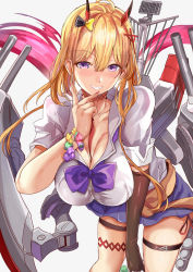 Rule 34 | 1girl, azur lane, blonde hair, blue skirt, bow, breasts, cleavage, gloves, hair between eyes, highres, himuro shunsuke, horns, kumano (azur lane), large breasts, leaning forward, looking at viewer, oni horns, pleated skirt, purple bow, rigging, shirt, short sleeves, simple background, single glove, skindentation, skirt, solo, thigh strap, white shirt