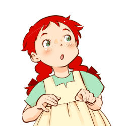 Rule 34 | 1girl, anne of green gables, anne shirley, blush, braid, clothes lift, dress, dress lift, female focus, freckles, green eyes, looking away, open mouth, red hair, riarutoruchokku, simple background, solo, twin braids, white background, world masterpiece theater