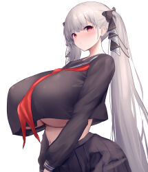 Rule 34 | 1girl, absurdres, alternate breast size, azur lane, black ribbon, black serafuku, breasts, formidable (azur lane), formidable (the lover&#039;s heart flutters on duty) (azur lane), grey hair, highres, huge breasts, long hair, long sleeves, looking at viewer, midriff, navel, neckerchief, official alternate costume, red neckerchief, ribbon, school uniform, serafuku, simple background, solo, twintails, two-tone ribbon, very long hair, white background, white ribbon, yuuki shuri
