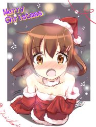 Rule 34 | 10s, 1girl, bare shoulders, blush, brown hair, detached sleeves, eyebrows, fang, from above, hair ornament, hairclip, highres, ikazuchi (kancolle), kantai collection, looking at viewer, lzd, merry christmas, nose blush, open mouth, santa costume, sleeves past wrists, solo, star (symbol), twitter username
