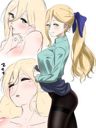 Rule 34 | 1girl, alternate costume, alternate hairstyle, aqua shirt, ass, black pantyhose, blonde hair, blue bow, blush, bow, breasts, casual, closed mouth, green eyes, hair between eyes, hair bow, highres, kantai collection, large breasts, lifting own clothes, long hair, looking at viewer, mole, mole under eye, mole under mouth, multiple views, open mouth, pantyhose, ponytail, richelieu (kancolle), shirt, smile, tama (tamago)