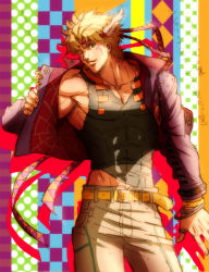 Rule 34 | 1boy, abs, bad id, bad pixiv id, battle tendency, belt, blonde hair, caesar anthonio zeppeli, cropped jacket, drive ume, facial mark, feather hair ornament, feathers, fingerless gloves, gloves, green eyes, hair ornament, headband, jacket, jojo no kimyou na bouken, male focus, official alternate costume, one eye closed, pants, patterned background, polka dot, polka dot background, purple jacket, ribbon, skin tight, solo, white pants, wink