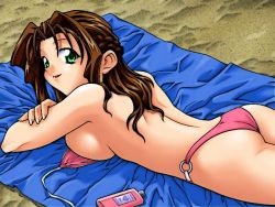 Rule 34 | 1990s (style), 1girl, aerith gainsborough, ass, beach, bikini, breasts, brown hair, costa del sol, female focus, final fantasy, final fantasy vii, green eyes, looking at viewer, retro artstyle, sideboob, smile, solo, swimsuit, third-party edit, towel