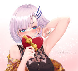 Rule 34 | 1girl, absurdres, aqua eyes, armpits, artist name, black shirt, blush, box, braid, closed mouth, crescent, crescent earrings, earrings, feather hair, green nails, grey hair, hair ornament, heart-shaped box, highres, hololive, hololive indonesia, jewelry, lace, landacdeus, looking at viewer, mismatched earrings, official alternate costume, pavolia reine, pavolia reine (street), shawl, shirt, short hair, sleeveless, sleeveless shirt, solo, upper body, virtual youtuber, yellow shawl