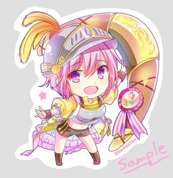 Rule 34 | 1girl, :d, aiguillette, armor, black shorts, boomerang, boots, brown footwear, character name, chibi, feathers, flower knight girl, full body, grey background, helmet, huge weapon, knee boots, looking at viewer, medal, navel, open mouth, pink eyes, pink hair, rhodanthe (flower knight girl), sample watermark, satou satoru, shirt, short hair, shorts, simple background, smile, solo, watermark, weapon, yellow shirt