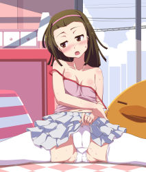 Rule 34 | 10s, 1girl, absurdres, bare shoulders, blush, bon (moegomi), bow, bow panties, breasts, brown eyes, brown hair, cameltoe, camisole, checkered floor, clothes lift, collarbone, floor, forehead, frilled skirt, frills, hairband, highres, lifted by self, long hair, looking away, monogatari (series), navel, nisemonogatari, open mouth, panties, sengoku nadeko, skirt, skirt lift, solo, spread legs, strap pull, strap slip, sweat, thighhighs, underwear, upskirt, white panties, white thighhighs