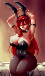 Rule 34 | 1girl, absurdres, animal ears, armpits, arms up, breasts, curvy, erza scarlet, fairy tail, fake animal ears, highres, huge breasts, leotard, long hair, pantyhose, playboy bunny, rabbit ears, red eyes, red hair, sitting, solo, thick thighs, thighs, wide hips, yomichiboy