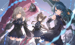 Rule 34 | &gt;:(, 3girls, ahoge, aizawa kazuha, aqua eyes, arm at side, arm under breasts, assault lily, bare shoulders, black bow, black bowtie, black gloves, black jacket, black legwear, black necktie, blue eyes, blue hair, blue shirt, blurry, blurry foreground, bow, bowtie, breasts, brown hair, building, buttons, closed mouth, collared shirt, commentary request, corset, detached sleeves, dress, frilled skirt, frills, gloves, grey bow, grey bowtie, grey dress, grey hair, grey jacket, grey skirt, grey sleeves, hair between eyes, hair bow, hair ornament, hairclip, hand on own hip, hand up, high ponytail, holding, holding weapon, jacket, layered skirt, leg up, light particles, long hair, long sleeves, looking at viewer, medium breasts, medium hair, miniskirt, mugen factory, multiple girls, necktie, off shoulder, official alternate costume, open clothes, open jacket, outdoors, outstretched arm, over shoulder, parted lips, partially unbuttoned, pleated dress, pleated skirt, ponytail, rubble, ruins, sasaki ran, serizawa chikaru, shirt, short dress, sidelocks, skirt, sleeveless, sleeveless jacket, sleeveless shirt, sleeves past fingers, sleeves past wrists, smile, standing, standing on one leg, thighhighs, underbust, utility pole, v-shaped eyebrows, weapon, weapon over shoulder, white bow, yellow eyes, zettai ryouiki