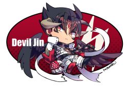 Rule 34 | 1boy, bandages, black hair, black wings, character name, closed mouth, devil jin, facial mark, floating, forehead jewel, frown, glint, gloves, grey horns, horns, kazama jin, kotorai, looking at viewer, male focus, red gloves, signature, solo, studded gloves, tekken, thick eyebrows, v-shaped eyebrows, wings, yellow eyes