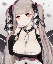 Rule 34 | 1girl, azur lane, between breasts, breasts, bridal gauntlets, cleavage, detached collar, earrings, formidable (azur lane), hair ribbon, highres, jewelry, large breasts, leafwow, lips, long hair, looking at viewer, no bra, parted lips, red eyes, ribbon, silver hair, solo, twintails, upper body