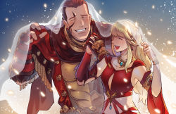 Rule 34 | 1boy, 1girl, armlet, armor, asymmetrical clothes, asymmetrical sleeves, warrior of light (ff14), blonde hair, blush, breastplate, brown hair, couple, detached sleeves, earrings, closed eyes, final fantasy, final fantasy xiv, furrowed brow, gauntlets, grin, hands up, height difference, hetero, holding hands, hyur, jewelry, long hair, lyse hext, open mouth, scarf, sei (seiryuuden), short hair, smile, upper body, wide sleeves