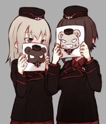 Rule 34 | 10s, animalization, bear, black hat, black jacket, blank eyes, blue eyes, blush, brown hair, covering face, covering own mouth, cross, drawing, dress shirt, fud, garrison cap, girls und panzer, grey background, hat, holding, iron cross, itsumi erika, jacket, kuromorimine military uniform, long hair, long sleeves, looking at another, military, military hat, military uniform, nishizumi maho, pleated skirt, red shirt, red skirt, self-portrait, shirt, short hair, silver hair, simple background, skirt, standing, uniform, upper body, v-shaped eyes, wing collar