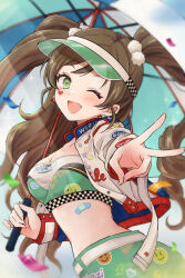 Rule 34 | 1girl, ;d, bandaid, blush, breasts, brown hair, cleavage, collarbone, confetti, cropped jacket, earrings, facial mark, green eyes, hair ribbon, heart, heart facial mark, highres, holding, holding umbrella, horu mon, idolmaster, idolmaster cinderella girls, idolmaster cinderella girls starlight stage, jewelry, long hair, looking at viewer, medium breasts, midriff, nonomura sora, one eye closed, open mouth, race queen, ribbon, skirt, smile, solo, stomach, twintails, umbrella, v, visor cap