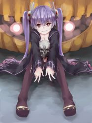 Rule 34 | 1girl, absurdres, black thighhighs, breasts, rabbit hair ornament, cleavage, double v, full body, grin, hair ornament, highres, jack-o&#039;-lantern, long hair, looking at viewer, memento (sennen sensou aigis), on floor, outstretched arms, pi (pnipippi), pumpkin, purple hair, red eyes, sennen sensou aigis, sitting, skull, small breasts, smile, solo, thighhighs, twintails, v, very long hair