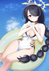 Rule 34 | 1girl, absurdres, black hair, blue archive, braid, breasts, halo, halterneck, highres, hinata (blue archive), hinata (swimsuit) (blue archive), large breasts, light smile, one-piece swimsuit, own hands clasped, own hands together, red eyes, sglike365, single braid, sitting, sitting on object, swim ring, swimsuit, water