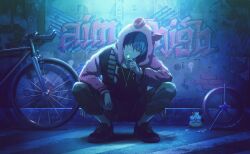 Rule 34 | 1boy, animal hood, aoyagi touya, awakening beat (project sekai), bicycle, blue hair, candy, colorful palette, dark blue hair, dot nose, food, full body, graffiti, grey eyes, hamster, highres, holding, holding candy, holding food, holding lollipop, hood, hood up, hooded jacket, jacket, jewelry, lollipop, long sleeves, looking at viewer, male focus, mole, mole under eye, multicolored hair, necklace, official art, open mouth, project sekai, short hair, solo, squatting, star (symbol), third-party source, two-tone hair, wheel
