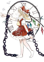 Rule 34 | 1girl, absurdres, arm up, ascot, bare legs, barefoot, blonde hair, bow, chain, clock face, closed eyes, closed mouth, cuffs, flandre scarlet, frilled shirt collar, frills, from side, full body, hat, hat bow, highres, light smile, mob cap, nail polish, niseneko (mofumofu ga ienai), one side up, pointy ears, profile, red bow, red nails, red skirt, red vest, shackles, short hair, simple background, skirt, skirt set, solo, standing, toes, touhou, vest, white background, wrist cuffs, yellow ascot