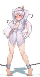 Rule 34 | 1girl, absurdres, arms up, bdsm, blush, bondage, bottomless, bound, breasts, censored, chain, cleavage, creeeen jjang, highres, large breasts, long hair, long sleeves, maplestory, red eyes, shirt, solo, very long hair, white hair, white shirt