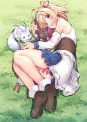 Rule 34 | 1girl, ahoge, animal, blonde hair, blush, copyright request, cover image, detached sleeves, dress, hair between eyes, highres, looking at viewer, lying, nozomi tsubame, on side, open mouth, outdoors, red eyes, short hair with long locks, single detached sleeve, sleeveless, sleeveless dress, solo