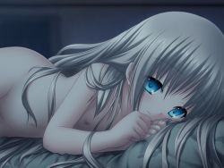 Rule 34 | 1girl, bed, bedroom, blonde hair, blue eyes, blush, casual nudity, clenched hands, completely nude, dark, dark room, flat chest, game cg, groin, indoors, key (company), kud wafter, light smile, little busters!, long hair, lying, na-ga, nipples, noumi kudryavka, nude, official art, on side, silver hair, smile, solo, very long hair