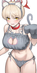 Rule 34 | 1girl, absurdres, animal ears, animal hands, blonde hair, blue archive, blush, bra, breasts, cat ears, cat lingerie, cat tail, cleavage, clothing cutout, collarbone, commentary request, embarrassed, fake animal ears, gloves, grey bra, grey panties, halo, highres, ildy, large breasts, looking at viewer, marina (blue archive), meme attire, panties, paw gloves, short hair, side-tie panties, simple background, solo, tail, underwear, white background, yellow eyes