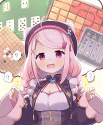 Rule 34 | 1girl, ?, @ @, alternate costume, beret, blush, board game, breasts, card game, chinese chess, cleavage, commentary request, confused, detached sleeves, dress, frilled dress, frills, go (board game), hair ornament, hairclip, hat, highres, jewelry, ksk (semicha keisuke), long hair, long sleeves, medium breasts, nervous sweating, nijisanji, open mouth, panicking, pink hair, purple eyes, ring, shiina yuika, shiina yuika (4th costume), solo, sweat, sweatdrop, virtual youtuber, wide sleeves