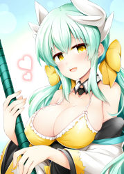 Rule 34 | 1girl, aqua hair, bare shoulders, bikini, blush, breasts, cleavage, covered erect nipples, fate/grand order, fate (series), hair between eyes, heart, holding, holding weapon, horns, japanese clothes, kimono, kiyohime (fate), kiyohime (swimsuit lancer) (first ascension) (fate), large breasts, long hair, looking at viewer, open mouth, polearm, rui shi (rayze ray), smile, solo, swimsuit, upper body, very long hair, weapon, yellow bikini, yellow eyes