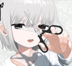 Rule 34 | 1girl, black eyes, black ribbon, blurry, blurry foreground, grey background, grey hair, hair ribbon, half-closed eyes, hand up, holding, holding scissors, long sleeves, looking at viewer, no pupils, open mouth, original, patterned background, portrait, ribbon, scissors, shadow, shirt, short hair, solo, takanashi natsuo, white shirt