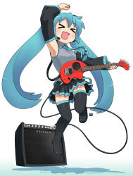Rule 34 | &gt; &lt;, 1girl, :d, > <, amplifier, aqua hair, armpits, detached sleeves, closed eyes, full body, guitar, happy, hatsune miku, highres, instrument, long hair, nagian, necktie, open mouth, smile, solo, thighhighs, twintails, vocaloid, xd