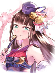 Rule 34 | 1girl, absurdres, blue eyes, blush, brown hair, cropped torso, detached sleeves, floating hair, folded fan, folding fan, hair ornament, hand fan, hat, highres, holding, holding fan, kurosawa dia, long hair, looking at viewer, love live!, love live! school idol festival, love live! sunshine!!, mini hat, purple hat, shaka (staito0515), smile, solo, upper body, white background