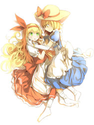 Rule 34 | 2girls, apron, blonde hair, blue dress, blush, bow, culter, dress, elbow gloves, ellen (touhou), female focus, gloves, green eyes, hair ribbon, hand in own hair, hand on another&#039;s cheek, hand on another&#039;s face, hat, hat bow, highres, kana anaberal, long hair, lying, maid, maid apron, multiple girls, on side, open mouth, pc98, puffy sleeves, red dress, ribbon, short hair, short sleeves, smile, touhou, very long hair, waist apron, white legwear, yellow eyes