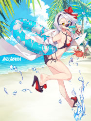 Rule 34 | 1girl, ass, bare legs, beach, bikini, blue eyes, blue sky, bracelet, breasts, cleavage, crab, criin (659503), criss-cross halter, day, feet, food, from side, full body, halterneck, hand on own hip, heterochromia, high heels, highres, hilda (iron saga), innertube, iron saga, jewelry, lab coat, looking at viewer, nail polish, off shoulder, official art, outdoors, popsicle, sandals, shoe dangle, short hair, side-tie bikini bottom, sky, slit pupils, small breasts, soles, solo, standing, standing on one leg, sunglasses, swim ring, swimsuit, watermark, white hair, yellow eyes