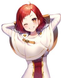 Rule 34 | 1girl, absurdres, ahoge, arms behind head, brown eyes, capelet, dress, earrings, grin, head tilt, highres, jewelry, looking at viewer, momoshiki tsubaki, one eye closed, red hair, simple background, smile, solo, standing, upper body, white background, white capelet, white dress
