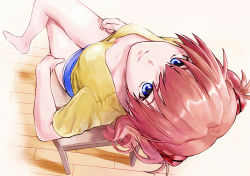 Rule 34 | 1girl, blue eyes, blue shorts, breasts, brown hair, closed mouth, commentary request, from above, highres, ishiyuki, long hair, looking at viewer, looking up, medium breasts, neon genesis evangelion, orange hair, shirt, short sleeves, shorts, sitting, solo, souryuu asuka langley, two side up, wooden chair, wooden floor, yellow shirt