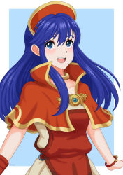 Rule 34 | 1girl, blue eyes, blue hair, collarbone, commentary, fire emblem, fire emblem: the binding blade, fire emblem heroes, hair between eyes, lilina (fire emblem), miven, nintendo, open mouth, red headwear, simple background, smile, upper body