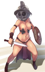 Rule 34 | 1girl, armlet, armor, bikini armor, breasts, cleavage, female focus, gauntlets, gladiator, groin, helmet, holding, holding sword, holding weapon, houtengeki, large breasts, legs apart, loincloth, navel, original, shield, simple background, solo, standing, sword, weapon, wide stance